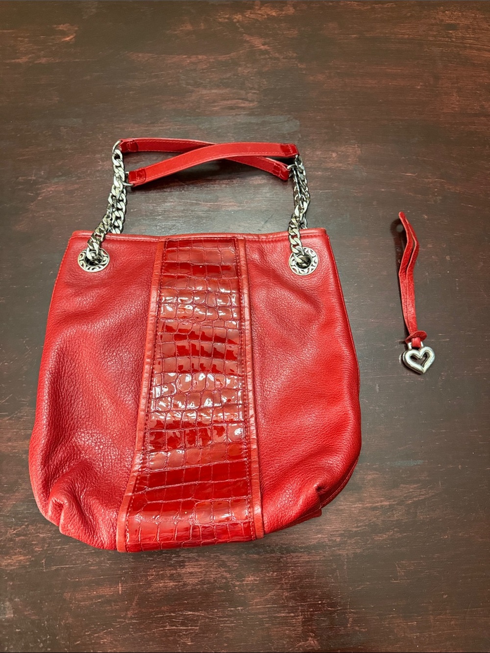 Brighton Red Leather Shoulder Bag with Croc-Texture Center Panel